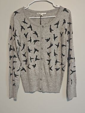 Gray Hummingbird-Print Button-Front Cardigan Sweater
